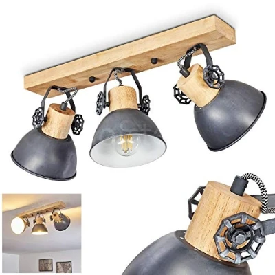 Imagen de lámpara de techo Orny, metal/madera en gris/blanco/marrón, 3 luces, con focos ajustables, x casquillo E27, punto diseño retro/vintage, sin bombilla(s)