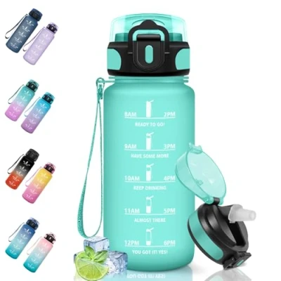 Imagen de Motswedi Botella Agua, 0.5L Sin BPA, Agua Niños con Pajita, Reutilizable, Gimnasio, a Prueba de Fugas, Cantimplora para Gym, Oficina, Escuela, Yoga, Azul Verde