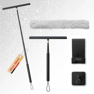 Imagen de LORESJOY Rasquetas limpiacristales para Ducha de Silicona con Soporte, Mango Extensible, Rasqueta y Microfibra Ventana Arandela (Negro)