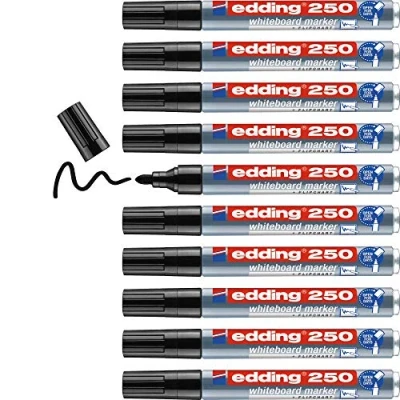 Imagen de edding 250 marcador para pizarras blancas negro 10 rotuladores punta redonda 1,5 3 mm rotulador pizarra blanca, borrado en seco flipchart, tablón de notas recargable