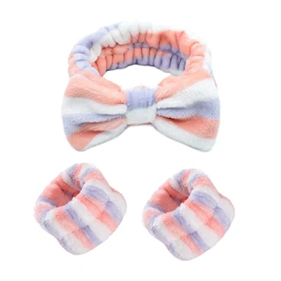 Imagen de juego de 3 diademas spa para la cabeza, lavado, diadema cosmética, banda pelo elástico suave, felpa coral, portátil impermeable, cinta muñeca con corbata mariposa