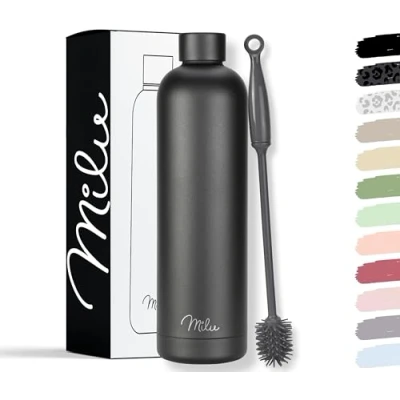 Imagen de Milu botella de agua 500, 750, 1000ml térmica acero inoxidable aislada a prueba fugas, doble pared, para bebidas carbonatadas, incluye cepillo limpieza (Black, 1000ml)