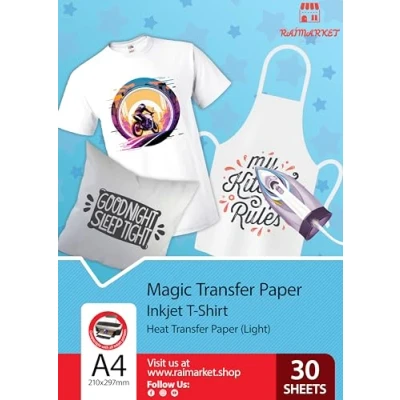 Imagen de Raimarket Papel Transfer Para Camisetas Tela Claras y Blancas 30 Folios A4 Camiseta Personalizada de Transferencia Térmica, Impresora Inyección Textil