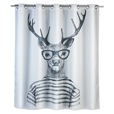 Imagen de WENKO Cortina de ducha Mr. Deer Flex antimoho, revestimiento antibacterial y repelente al agua, 100% poliéster, lavable a 30C, medidas (ancho x alto): 180 200 cm