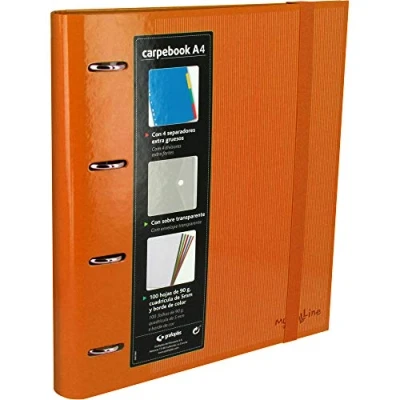 Imagen de Grafoplás 88102052－Carpeta anillas troqueladas A4 con sobre transparente, 4 separadores y 100 hojas, color naranja, de 35mm, cierre goma. Carpebook Multiline