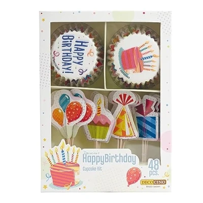 Imagen de DECOCINO Juego de magdalenas Happy Birthday (48 piezas, 24 moldes para cupcakes con diámetro 5 cm y adornos papel magdalenas, decoración ideal cumpleaños niños
