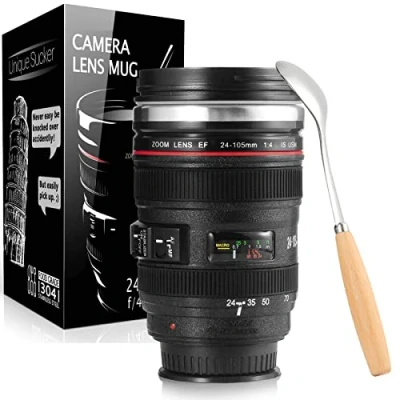 Imagen de Splend taza de café con lente cámara, vasos acero inoxidable sin BPA, viaje a prueba fugas, botella agua tapa y cuchara, EF24 105 mm f/4.0 USM
