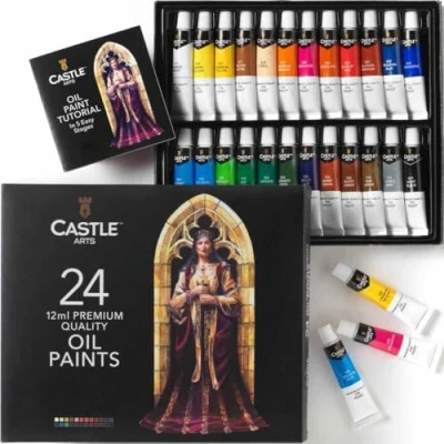 Imagen de Castle Art Supplies Caja 24 Pinturas al Óleo 12 ml Artistas Experimentados, Principiantes y Avanzados Variedad Colores Intensos Fáciles de Usar Impresionante Presentación con un Tutorial