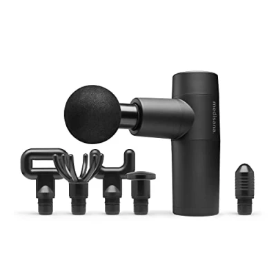 Imagen de medisana MG 150 Mini pistola de masaje con 6 cabezales y 5 niveles vibración, automasaje para hombros, pecho, espalda luz indicadora LED bolsa almacenamiento