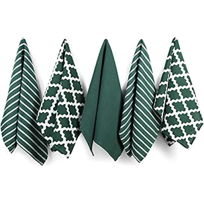 Imagen de Penguin Home® 100% Paños de Cocina Juego 5 Suave Durable Elegante Diseño Verde Cazador con Múltiples Patrones Lavable a Máquina 65 x 45 cm, Algodón, Paquete