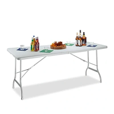 Imagen de Relaxdays Mesa Terraza Bastian, Plegable, Grande, Asa de Transporte, Rectangular, Jardín o Camping, 72x178x74 cm, Blanca