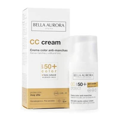 Imagen de BELLA AURORA Crema Color Anti Manchas 30 ml, Facial con SPF 50+, para Piel Sensible, Adapt System, Previene el Envejecimiento Prematuro , CC Cream Antimanchas