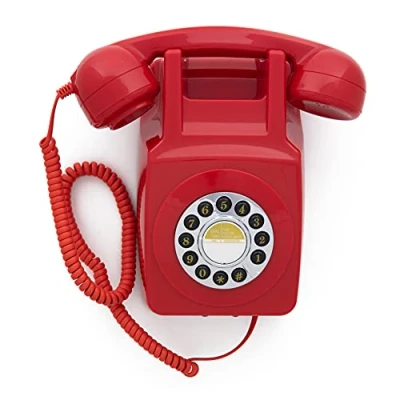 Imagen de GPO 746 Teléfono fijo retro de pared con botones Cable en espiral, timbre auténtico Rojo