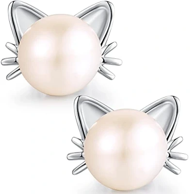 Imagen de Pendientes Gato Perlas,Pendientes Plata Esterlina Linda,Pendientes Perlas Agua Dulce,Pendientes Oreja para Mujer,Pendientes Gatito Moda Niña