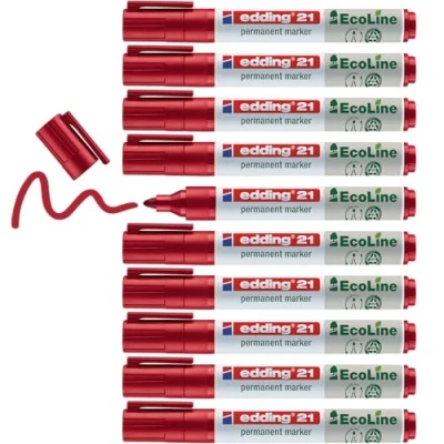 Imagen de edding 21 EcoLine marcador permanente rojo 10 rotuladores punta redonda 1,5 3mm indeleble de secado rápido resistente al agua y los borrones cartón plástico madera metal tela universal