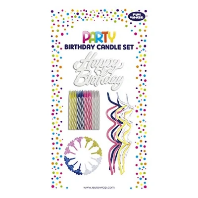 Imagen de Clairefontaine 12642 GC Juego de 16 velas rectas 6 cm (incluye 12 portavelas) + 8 trenzadas 13 colores surtidos soporte &quot;Happy Birthday&quot; blanco