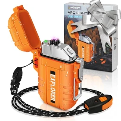 Imagen de lafagiet Encendedor recargable por USB, encendedores de doble arco impermeable para camping, senderismo, kits supervivencia al aire libre (actualización naranja)