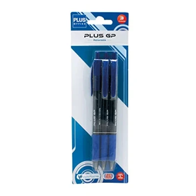 Imagen de Plus Office Bolígrafos GP Pack de 3 Retráctil, Tinta ultra Suave, Óptimo para uso oficina, casa y escolar, Color Azul Trazo 0,7 mm (3 Azules)