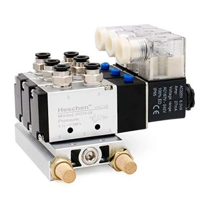 Imagen de Heschen Eléctrica neumática triple válvula solenoide 4V210 08, AC220V, PT1/4&#039;&#039;, 5 vías 2 posiciones, Manifold Base Silenciador Rápido Accesorios Conjunto