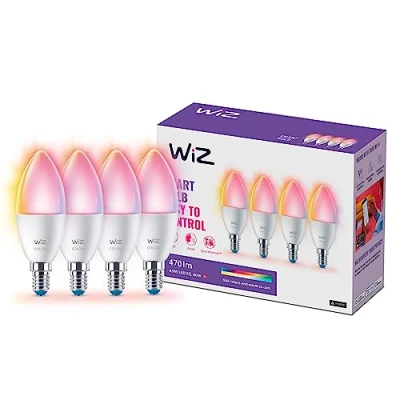 Imagen de WiZ Bombilla LED inteligente, Casquillo E14 tipo vela 4.9W (Eq.40) 470 lúmens, Luz Blanca y de Colores, Compatible con Alexa, Google Home, tecnología SpaceSense Matter Pack 4
