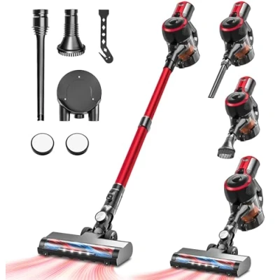 Imagen de VEGREM Aspiradora Sin Cable 25Kpa, Aspirador Escoba 2 Modos, Luces LED, Tubo Telescópico, Batería Extraíble, hasta 40 Minutos De Funcionamiento