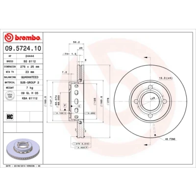 Imagen de BREMBO 09.5724.10 Disco de freno 276 25 4 ventilación interna AUDI: Coupe B3, 80 B4 Berlina, Avant