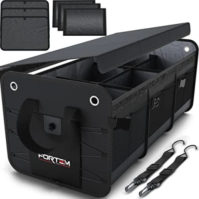 Imagen de FORTEM Organizador de Maletero Coche y SUV para Almacenamiento Caja Plegable con 3 Compartimentos Base Antideslizante Cinchas Ajustables Tapa Extraíble (Negro)
