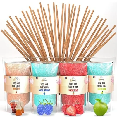 Imagen de GREENDOSO® Azúcar para Algodón de (4x320gr) Lote 4 Sabores (Fresa/Cola/Frambuesa/Manzana) 50 Palitos