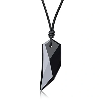 Imagen de COAI Collar de Cuero Negro Genuino con Colgante Diente Lobo Obsidiana Negra Piedra Natural para Hombres y Mujeres