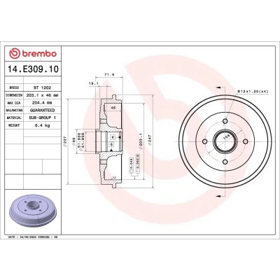 Imagen de BREMBO 14.E309.10 Tambor de Freno 203,1mm PEUGEOT: 206 Hatchback, 106 II 206+ CITROËN: Saxo Hatchback