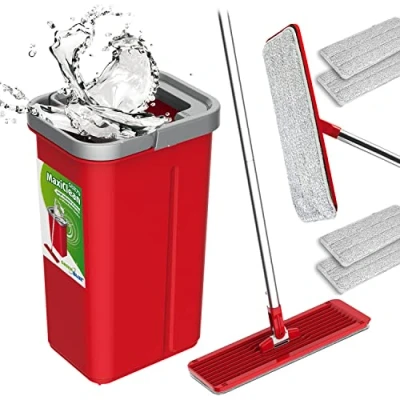 Imagen de Juego de fregona plana MaxiClean con cubo limpieza 2 en 1 5,7 l (juego y + fundas repuesto) 2x Inserto trapeador plano
