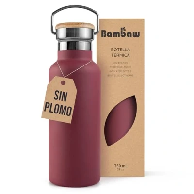 Imagen de Bambaw Botella térmica 750ml, agua roja, acero inoxidable gimnasio, isotérmica, de deportiva Rojo cereza