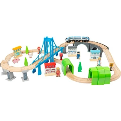 Imagen de Small Foot 11492, ferrocarril de Madera Construcción, Puente Colgante y túneles, un Mundo del Juego en Dos Niveles Juguetes, Multicolor (11492)