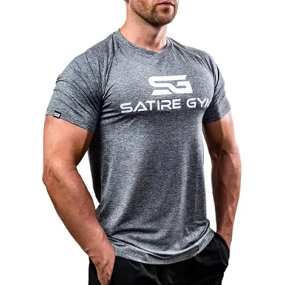 Imagen de Satire Gym Camiseta Ajustada Fitness Hombres/Ropa Deportiva de Secado rápido Hombre Apta como Culturismo y Gimnasio Entrenamientos (Gris Moteado, L)