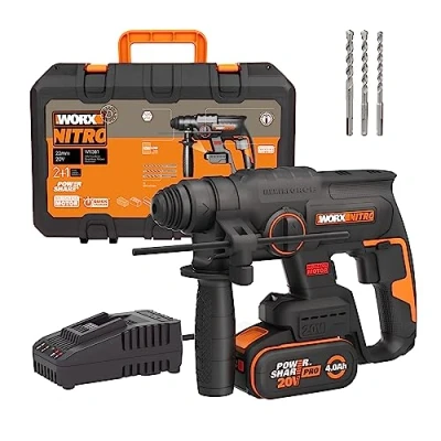 Imagen de Martillo ligero 20V Worx PowerShare WX381 Incluye 1 batería 4Ah SDS Plus motor sin escobillas Maletín de transporte 3 posiciones perforado y demolición