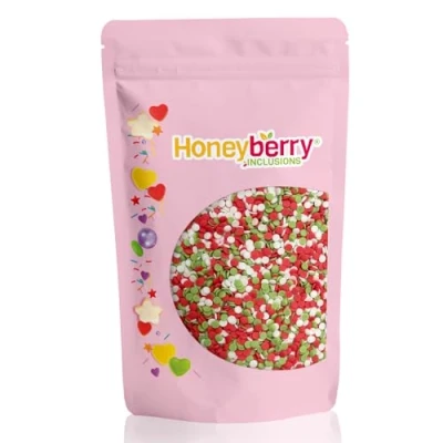 Imagen de HONEYBERRY INCLUSIONS Chispas de confeti Navidad 200 g (verde, rojo y blanco) Gránulos comestibles alta calidad para hornear, decoraciones cupcakes pasteles, helados
