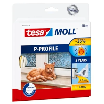 Imagen de tesamoll Perfil P Burlete de Caucho Autoadhesivo para Aislar Ventanas y Puertas Sellar Huecos Blanco 10 m x 9 mm 5.5