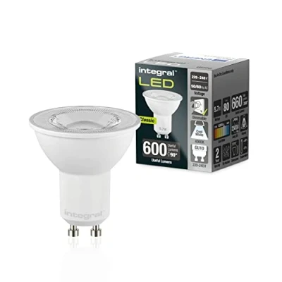 Imagen de Integral Bombilla LED 5 PACK GU10 Blanco Frío 4000K, 600LM, 5,7W (equivalente a 75W) Regulable Eficiencia energética e ideal para focos y luces empotradas en baños, cocinas, salones dormitorios