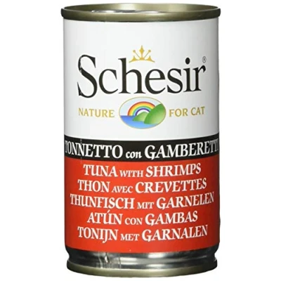 Imagen de Schesir, Comida húmeda para Gatos Adultos, Sabor bacoreta con camarones en gelatina Blanda Total 3,36 kg (24 latas x 140 gr)