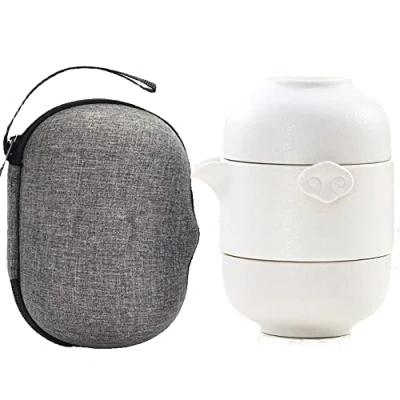 Imagen de TAMUME Juego de Té Viaje para 2 Personas, Tetera Porcelana y Tazas con Bolsa Portátil (Blanco)