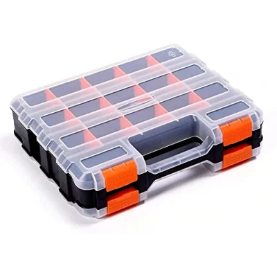 Imagen de Caja de almacenamiento herramientas doble cara con partición plástico extraíble y 34 compartimentos, excelente para tornillos, tuercas, piezas pequeñas (negro/naranja)