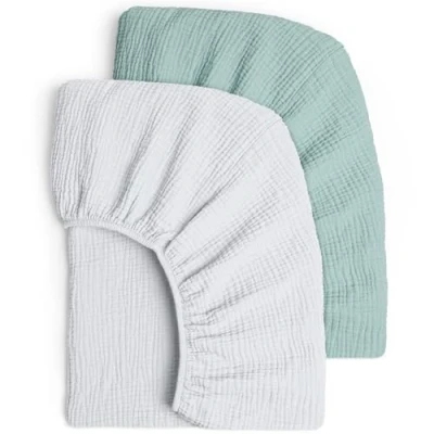 Imagen de Juego de 2 sabanas Cuna Ajustables para niños, Sabana Bajera 60x120 Algodon Muselina, 60 x 120 cm/70 140 cm, Viaje, Cama Auxiliar Verde Gris