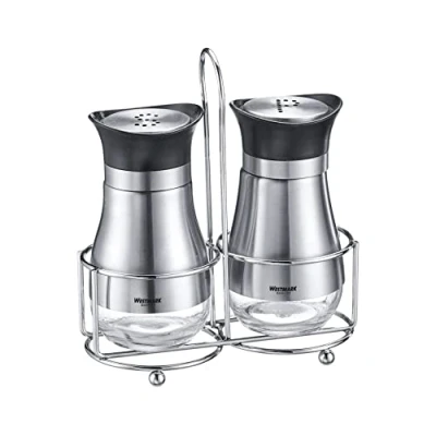 Imagen de Westmark Menage 63332260 Salero y pimentero (3 piezas, capacidad de 125 ml, ventana inferior, cristal, plástico/acero inoxidable, Lisboa, transparente/plata/negro)
