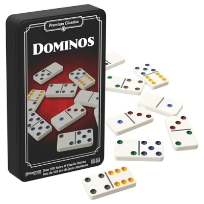 Imagen de Goliath Domino, Juego de Mesa clásico para Adultos y niños a Partir 5 años, versión Viaje con Caja Metal 28 fichas dominó Puntos Colores 1 Jugadores