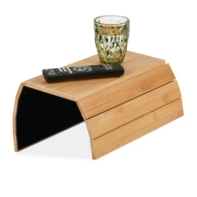 Imagen de Relaxdays Bandeja Flexible para Reposabrazos, Bambú, Apoyabrazos de Sillón y Sofá, 43,5 x 33 cm, Bebidas, Natural, Poliéster