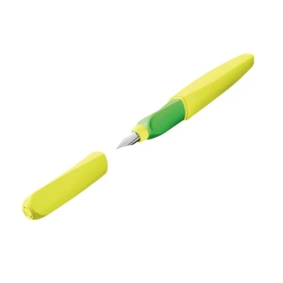 Imagen de Pelikan Twist Neon Yellow, Pluma Estilográfica Ergonómica, para Diestros y Zurdos, la Escuela Oficina, Plumín M de Acero Inoxidable, Cartucho Azul Largo Incluido, Recargable