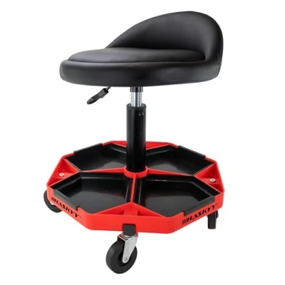Imagen de HASKYY taburete de taller con respaldo, altura regulable 43 a 58 cm, ruedas 360 , soporta hasta 150 kg, asiento compartimentos almacenamiento, para