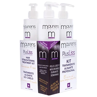Imagen de Maurens PlusLiss alisado Brasileño del Cabello, Tratamiento Capilar a base de Keratina y Carbocysteina, natural duradero, controla el volumen, Kit Profesional, 4 x 500 ml