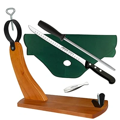 Imagen de CUPERINOX Jamonero Profesional soporte de jamon 5 Piezas tabla jamonera Kit (tabla + cuchillo afilador pinza cubre