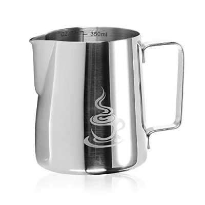 Imagen de COM FOUR® jarra de leche acero inoxidable para espumar espumador 350 ml con pico y escala medición (color plata 350ml)